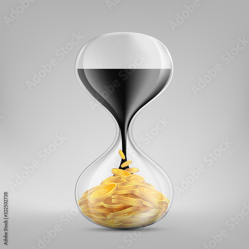 Crude fossil oil in the sandglass flows into gold dollar coins