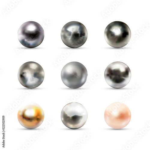 Set of nine realistic spherical 3D orbs made from different materials with glares and reflection isolated on white