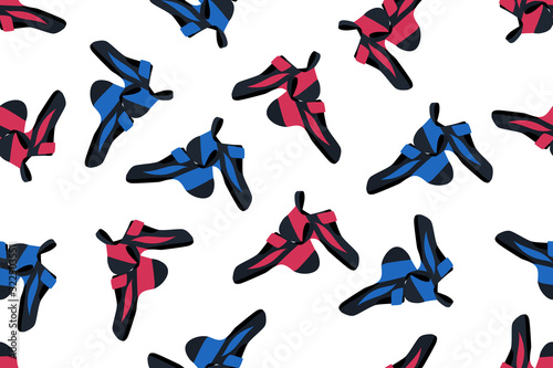 Red and blue climbing shoes as seamless pattern isolated on white background. Vector illustration.
