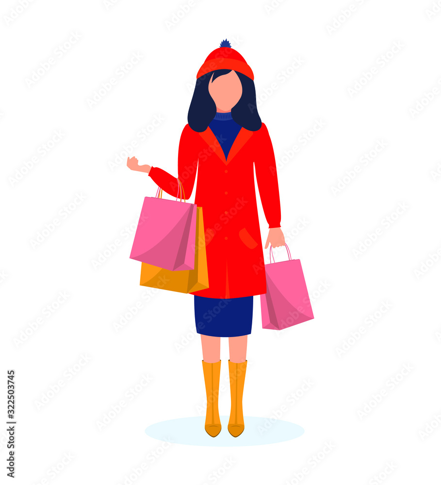 Woman with shopping bags shop. Isolated flat vector illustration on white background. Winter shopping.