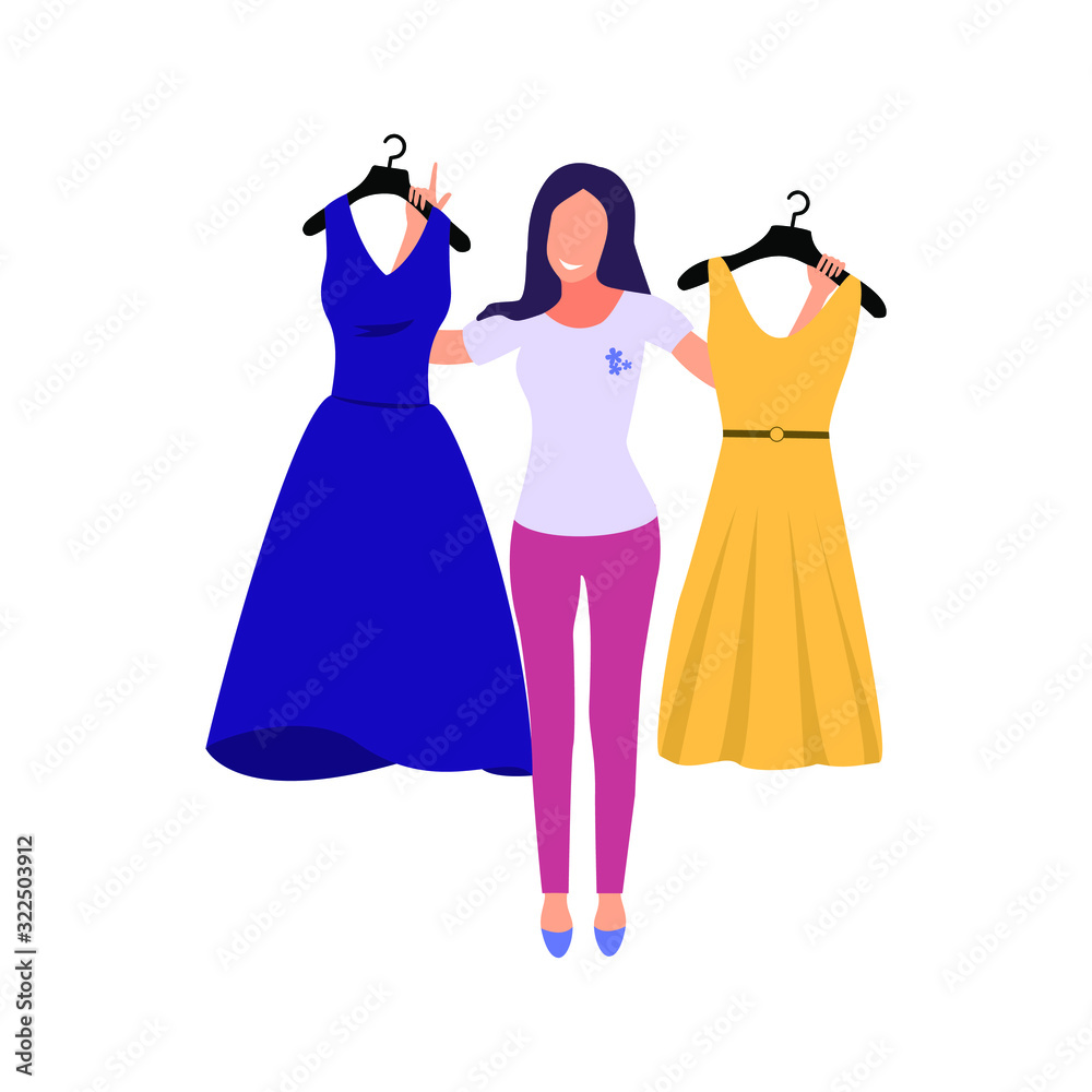 Woman chooses a dress. Girl try clothing. Vector illustration.