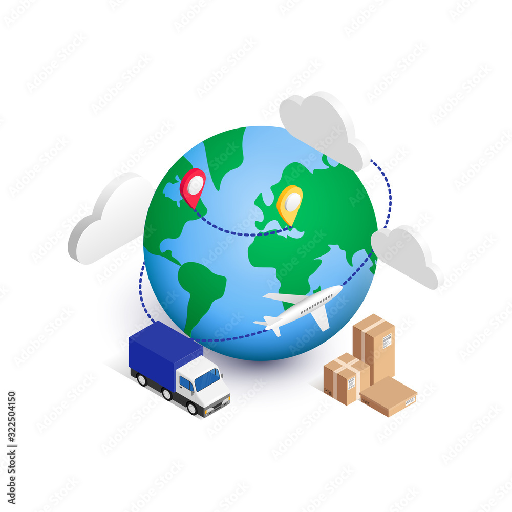 Fototapeta premium Global logistics isometric concept. 3d planet with van, boxes, ponter, clouds and airplane around. World shipping, delivery service vector Illustration