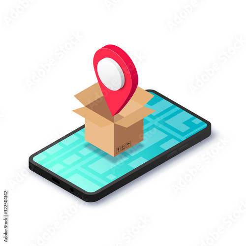 Isometric cardboard box with map pointer inside on smartphone screen with city map isolated. 3D relocation service app, transport company, moving to new house or office concept. Vector illustration