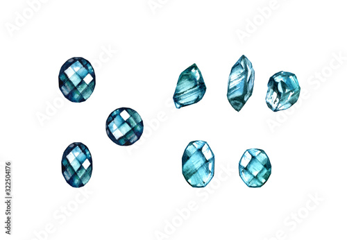 Watercolor gemstones set. Hand painted realistic illustration. Colourful jewel stones and crystals isolated on white. Many different shapes and cuts.