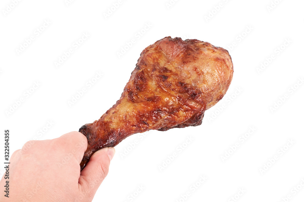 Close up and isolated image of hand holding a grilled turkey leg on white background. Close up and isolated image of hand holding a grilled turkey leg on white background.