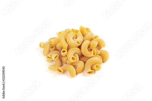 pasta cavatappi with stripes isolated on white background.