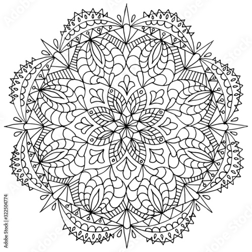 Coloring page mandala outline drawing for art therapy and meditation. Circular ornament