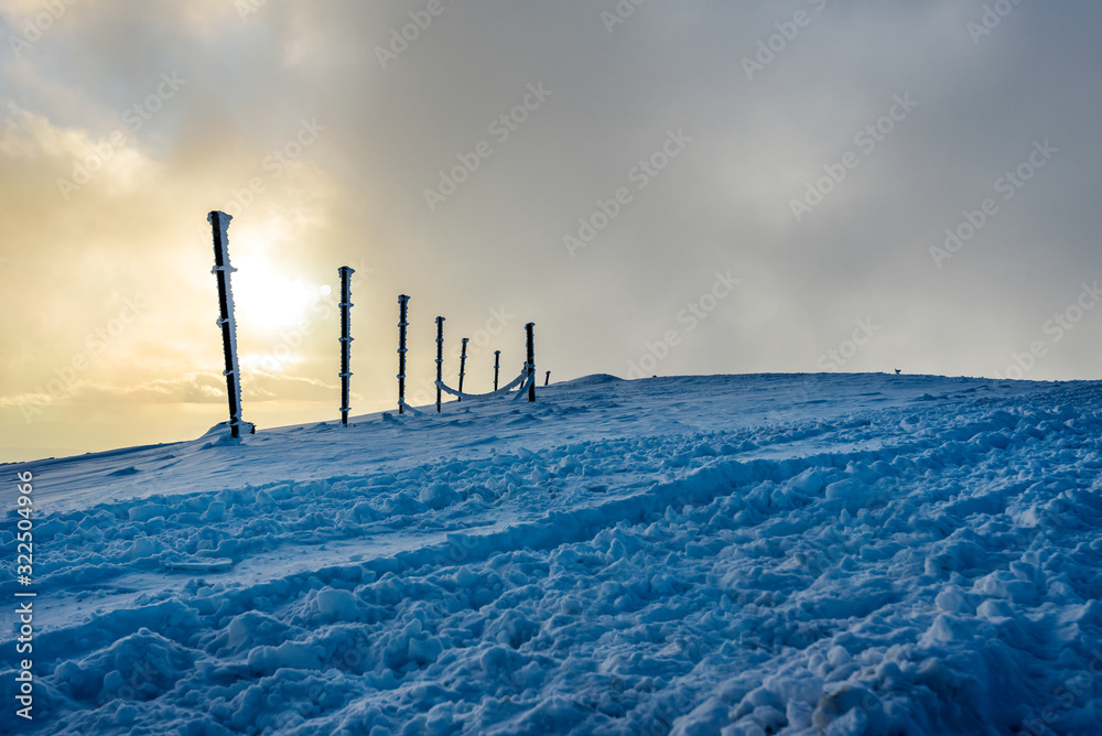 Fence poles in snow in winter at sunset, Mountain Kopaonik, Serbia 
