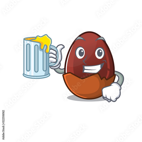 Smiley chocolate egg mascot design with a big glass
