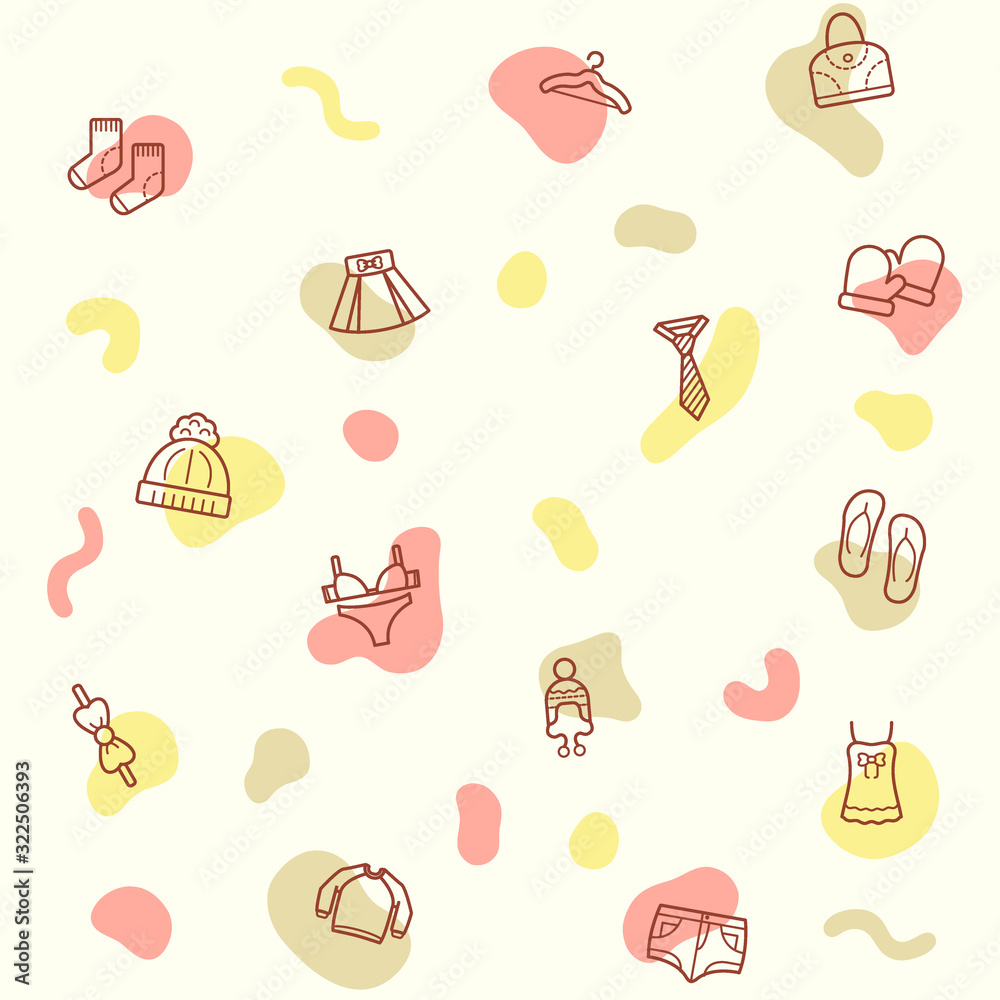 Seamless pattern on the theme of fashion, clothes, skirt, wear, apparel, clothing, bag, underwear and more. simple color icons on beige background.
