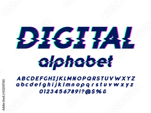 Vector glitch display font with uppercase, lowercase, numbers and symbols
