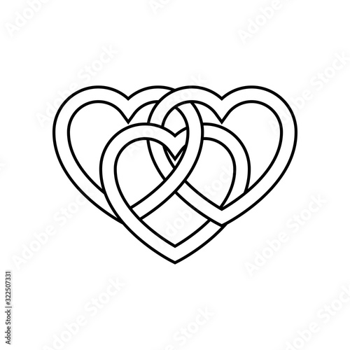 Símbolo de amor eterno. Icono plano lineal 3 corazones enlazados en color negro