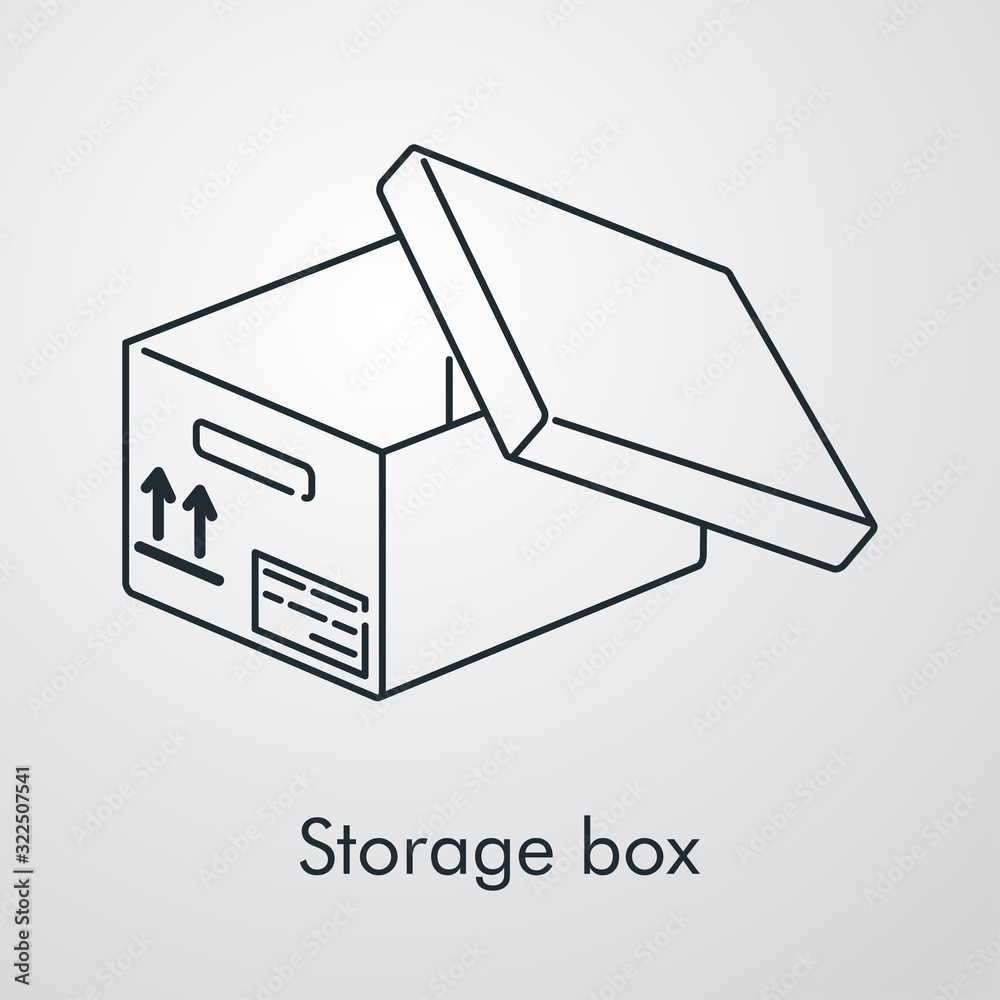 Caja de almacenaje. Icono plano lineal caja de cartón abierta isométrica en fondo gris Caja de almacenaje. Icono plano lineal caja de cartón abierta isométrica en fondo gris