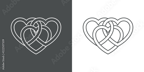 Símbolo de amor eterno. Icono plano lineal 3 corazones enlazados en fondo gris y fondo blanco