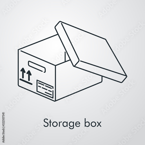 Caja de almacenaje. Icono plano lineal caja de cartón abierta isométrica en fondo gris