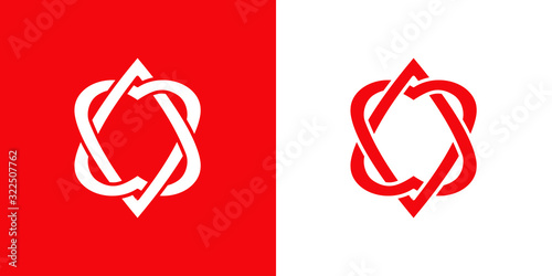 Símbolo de amor eterno. Icono lineal con corazón enlazado como nudo en fondo rojo y fondo blanco