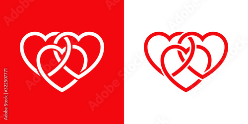 Símbolo de amor eterno. Icono plano lineal 3 corazones enlazados en fondo rojo y fondo blanco photo