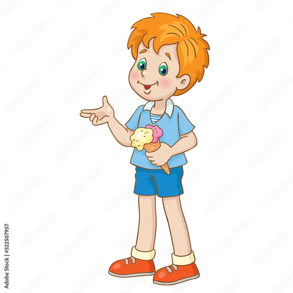 Little funny boy with ice cream. In cartoon style. Isolated on white background. Vector illustration. Little funny boy with ice cream. In cartoon style. Isolated on white background. Vector illustration.