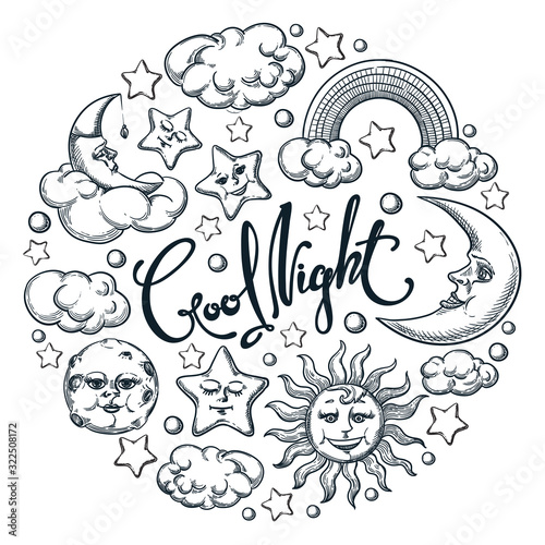 Good night calligraphy lettering poster or label design. Vector sketch illustration of sleeping moon, sun and clouds.