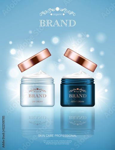 Realistic day cream and night cream jars with golden lids on light blue background with bokeh lights. Advertising poster for the promotion of cosmetic skin care premium product