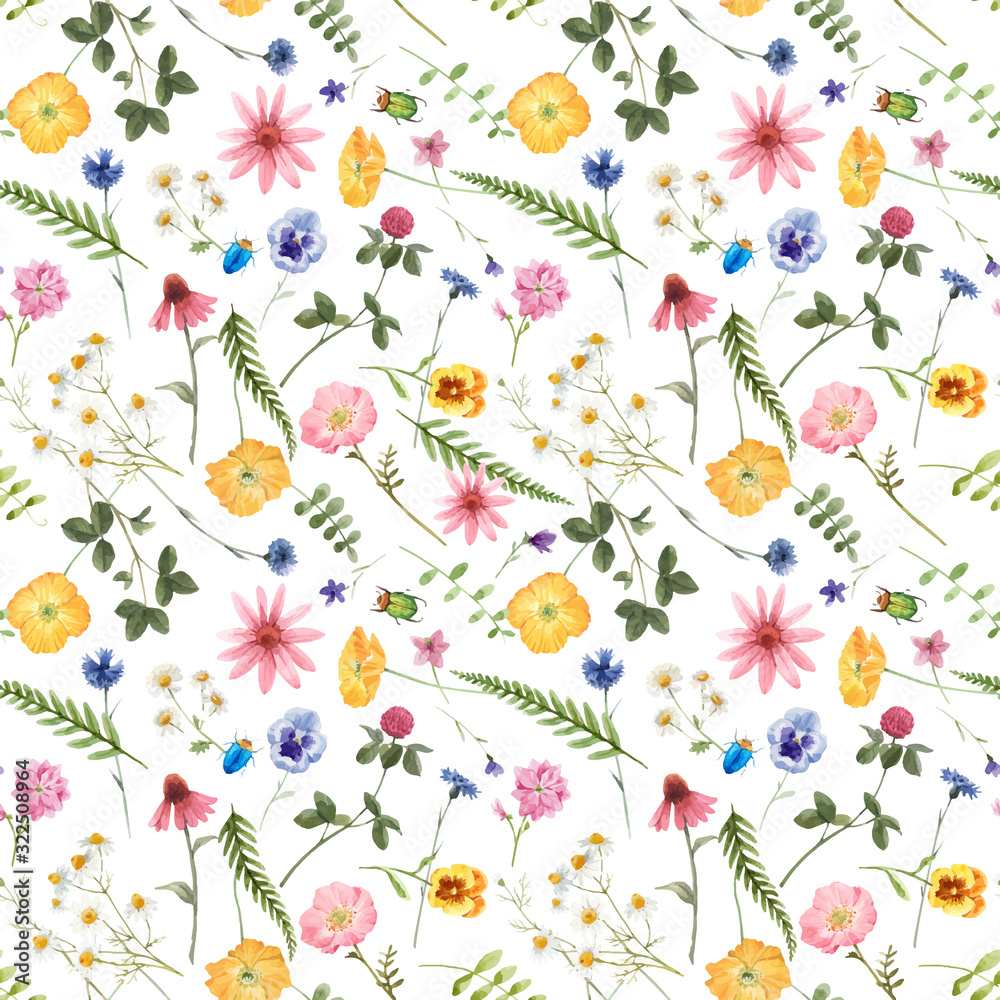 © zenina - Beautiful vector floral summer seamless pattern with watercolor hand drawn field wild flowers. Stock illustration. © zenina - Beautiful vector floral summer seamless pattern with watercolor hand drawn field wild flowers. Stock illustration.
