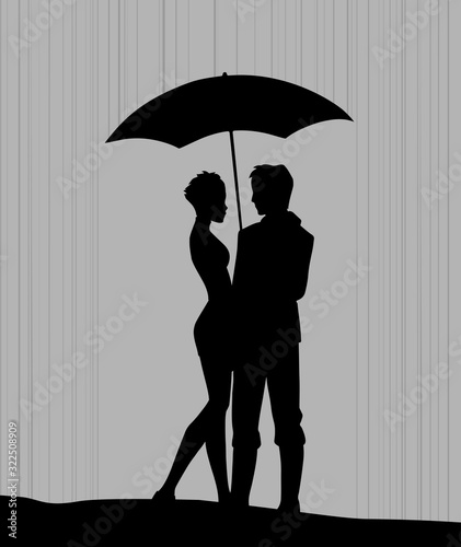 Original graphic silhouette illustration of two people in love, man and woman hugging each other  under the umbrella in the rain