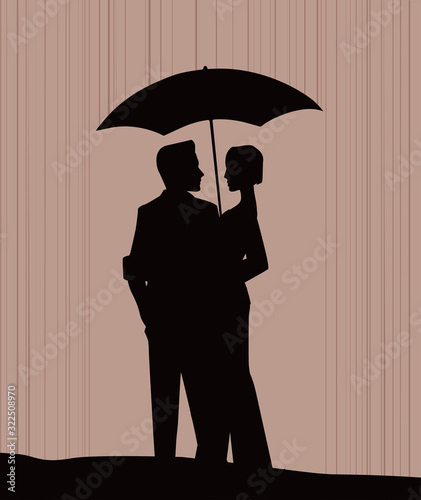 Original graphic silhouette illustration of two people in love, man and woman hugging each other  under the umbrella in the rain