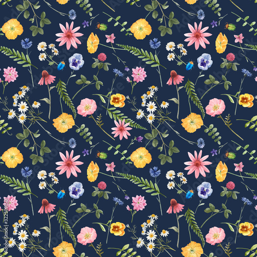 Beautiful vector floral summer seamless pattern with watercolor hand drawn field wild flowers. Stock illustration.