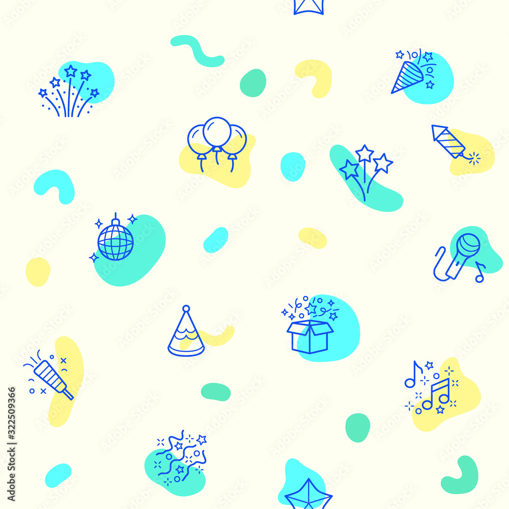 Seamless pattern on the theme of party, gift, decorating, bell, firework, holiday and more. simple color icons on beige background. Seamless pattern on the theme of party, gift, decorating, bell, firework, holiday and more. simple color icons on beige background.