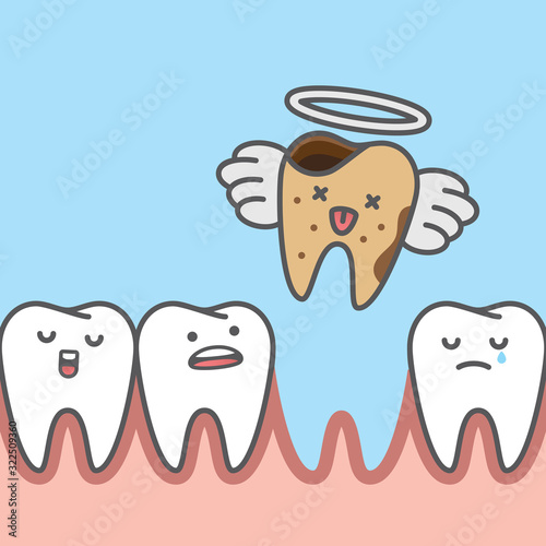 Dead decay tooth missing go to heaven illustration cartoon character vector design on blue background.  Dental care concept.