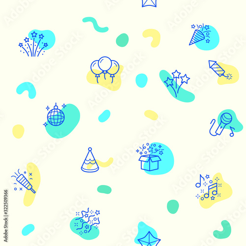 Seamless pattern on the theme of party, gift, decorating, bell, firework, holiday and more. simple color icons on beige background.