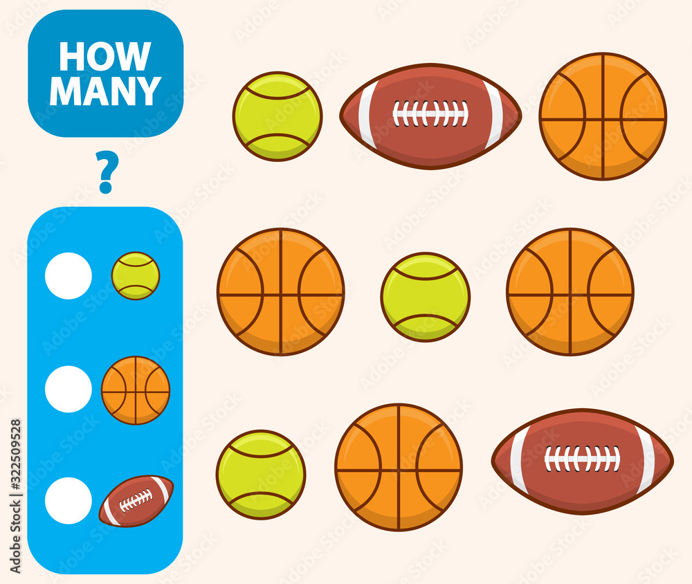 Count how many  basketball,tennis ball for american footballis educational game.Maths task development of logical thinking of children.Counting appliances games  for preschool kids.Flat vector