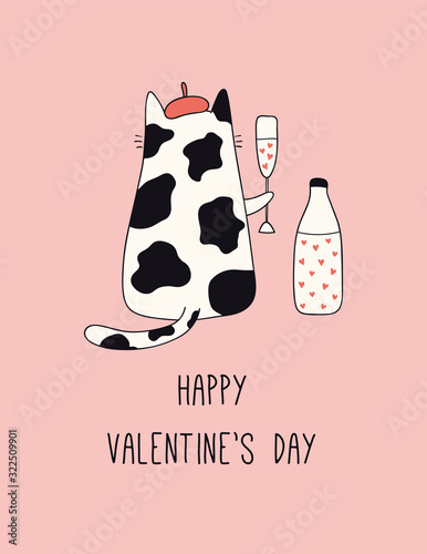 Hand drawn card, banner with cute cat in beret drinking milk, hearts, text Ha...