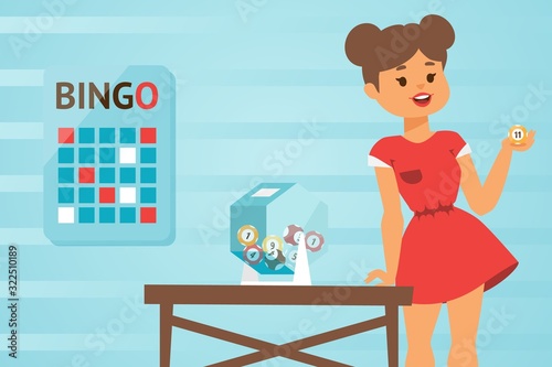 Girl in red dress hosts bingo game, vector illustration. Young woman picking lucky number of lottery ball. Pretty girl cartoon character playing bingo. Entertainment event, fun leisure lottery game