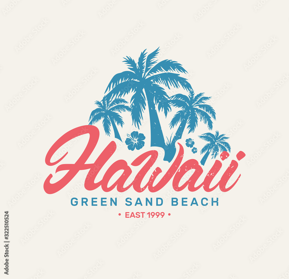Hawaii Beach Poster with Palm Trees and cartoon sunset . Summer .Tee Design For Print. Vector fashion illustration