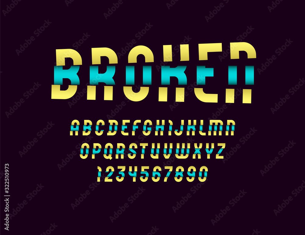 High damaged font, trendy colored broken alphabet, modern letters and numbers, for your designs: logo, t shirt, card, poster, letterpress, vector illustration High damaged font, trendy colored broken alphabet, modern letters and numbers, for your designs: logo, t shirt, card, poster, letterpress, vector illustration