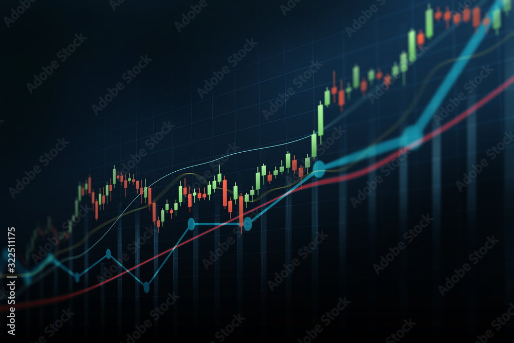 Abstract financial graph with up trend line candlestick chart in stock market on blue color background