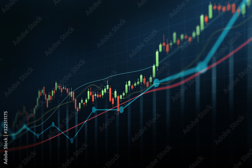 Abstract financial graph with up trend line candlestick chart in stock market on blue color background Abstract financial graph with up trend line candlestick chart in stock market on blue color background