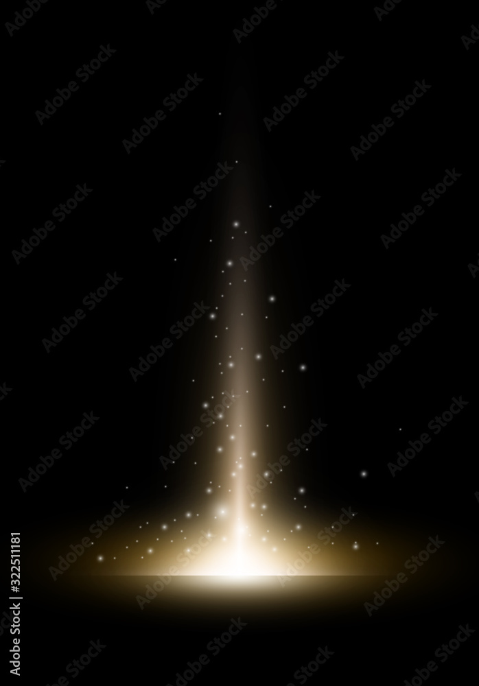 Star burst. Sun flash with gold glitter effect.Yellow light on dark background. Vector realistic illustration 