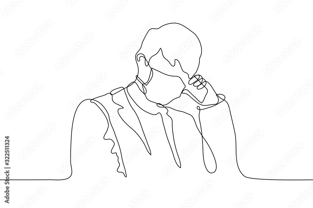 Portrait of a man in a medical protective mask speaks on the phone. One continuous line art businessman during a business conversation on the phone. Contour sketch of a male silhouette