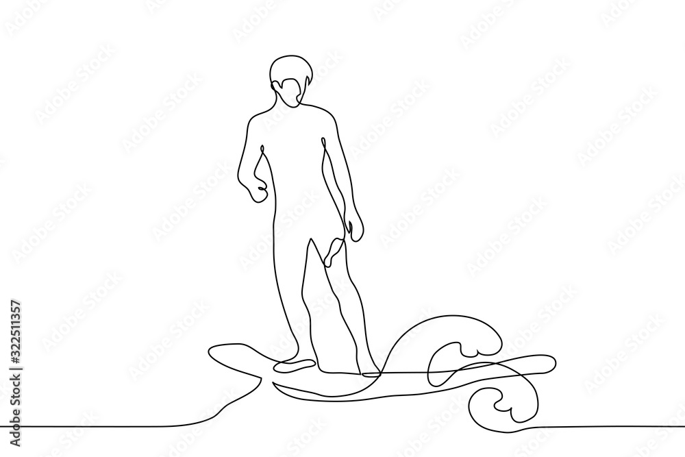 Silhouette of a full-length surfer male on a surf on a sea wave. One continuous line drawing of a male athlete on a surfboard Silhouette of a full-length surfer male on a surf on a sea wave. One continuous line drawing of a male athlete on a surfboard