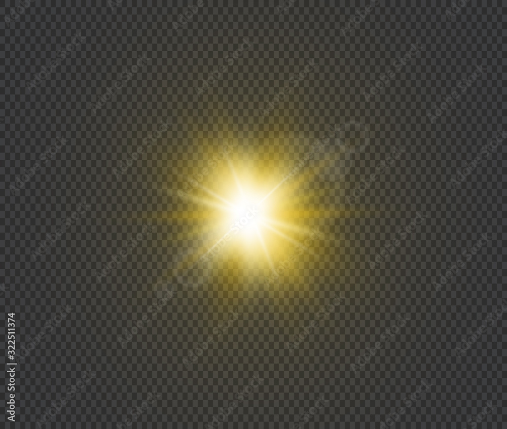 Star burst. Sun flash with gold glitter effect. Yellow light on dark background. Vector realistic illustration Star burst. Sun flash with gold glitter effect. Yellow light on dark background. Vector realistic illustration