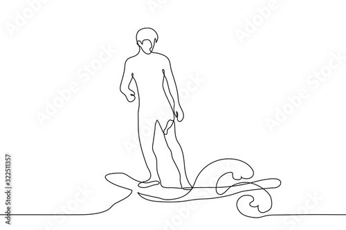 Silhouette of a full-length surfer male on a surf on a sea wave. One continuous line drawing of a male athlete on a surfboard