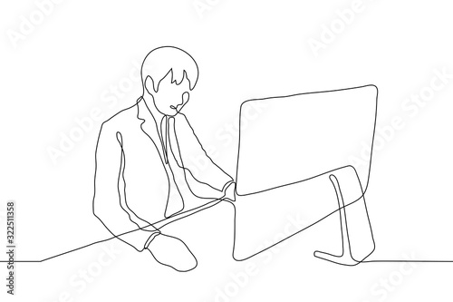 man in a suit sits at a desk looking at a computer screen and holding a computer mouse. One continuous line art of a male office worker at work. Vector illustration for animation