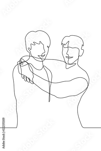 Vector drawing friends standing in an embrace. Two men are smiling, the warm trusting relationship of two male friends. One continuous line art of two men