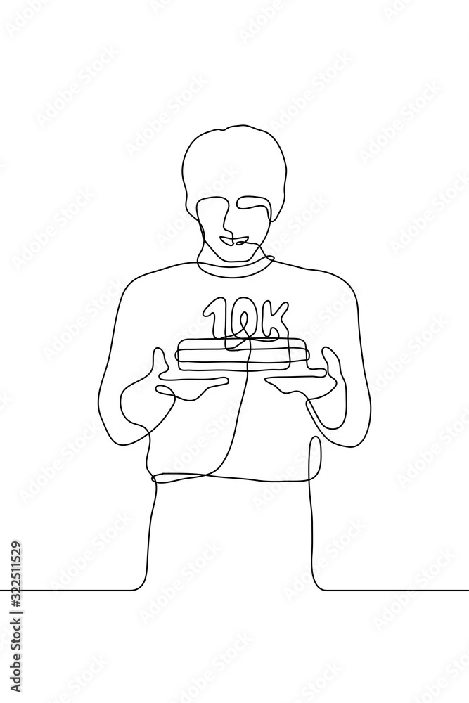 one continuous line drawing a young man holding a cake with a candle in the shape of one continuous line drawing a young man holding a cake with a candle in the shape of