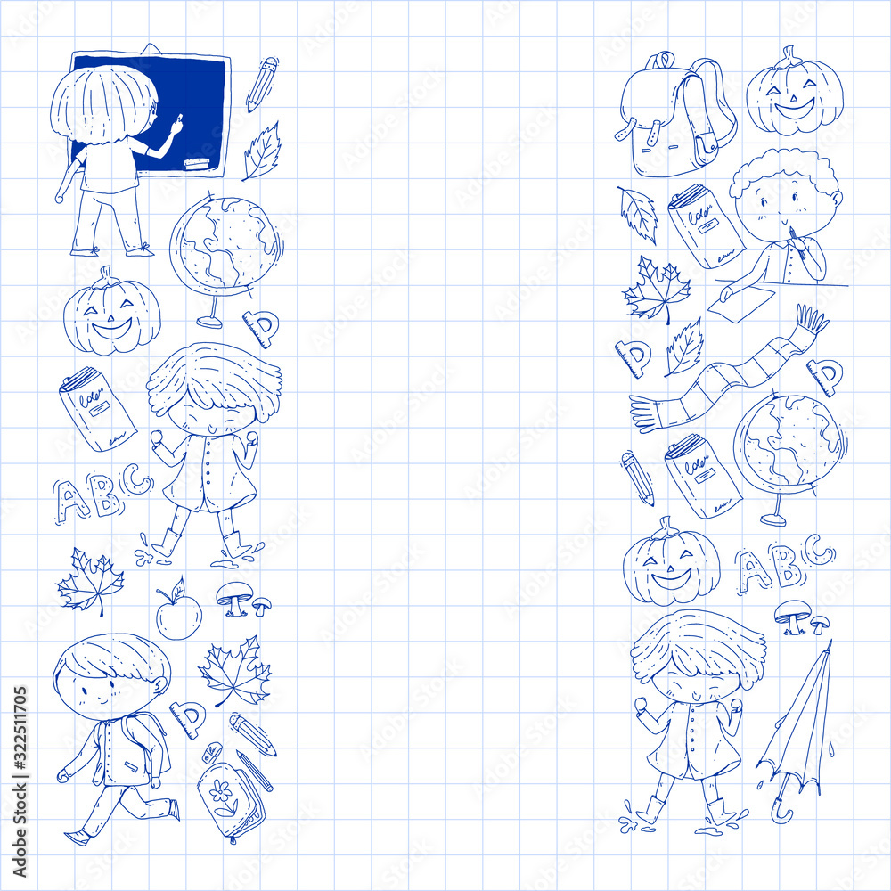 Fototapeta premium Back to school vector pattern. Education icons for children.