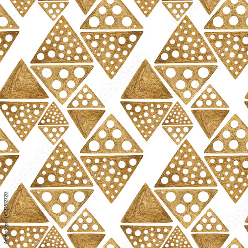 Ethnic gold hand painted seamless pattern. Abstract rhombus golden background. Tribal aztec texture.