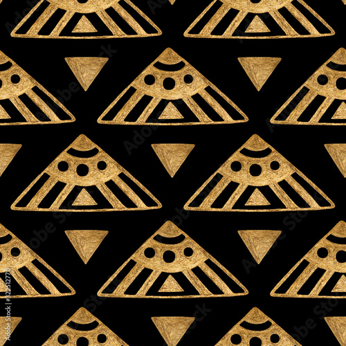 Ethnic gold hand painted seamless pattern. Abstract triangles golden background. Tribal aztec texture.