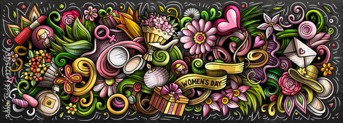 Happy Womens Day hand drawn cartoon doodles illustration. Colorful vector banner